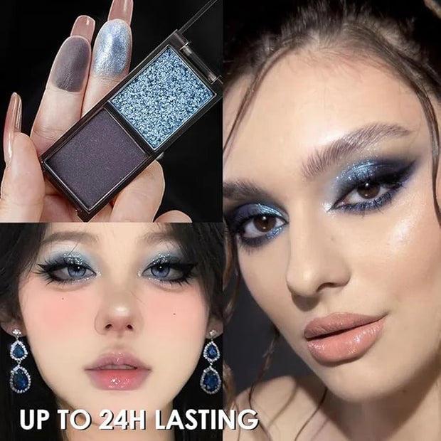 Blue Black Two Color Matte Shimmer Glitter Eyeshadow,Bright High Pigment Eye Shadow Powder,Professional Long-Lasting Water...