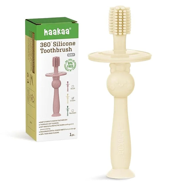 haakaa 360° Baby Toothbrush with Suction Base - Gentle Cleaning for Infant Self-Brushing Training, Food-Grade Silicone, Ad...