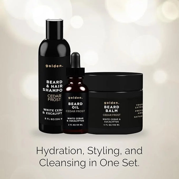 Golden Grooming Co. Everyday Beard Bundle – Complete Beard Care Set | Includes Beard Oil, Balm & Shampoo (XL, Cedar Frost)...