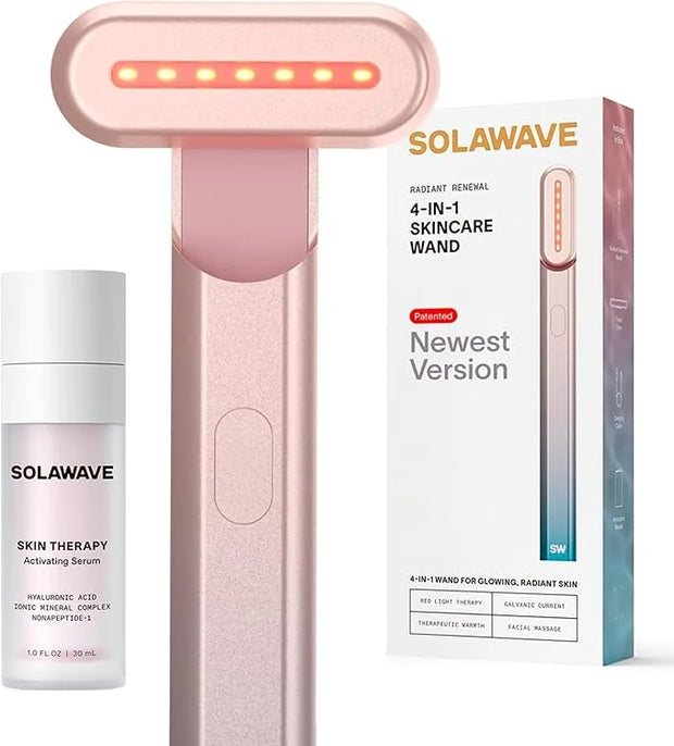 Solawave 4-in-1 Radiant Renewal Facial Wand & Skin Therapy Serum Bundle | Red Light Therapy for Face and Neck | Galvanic S...