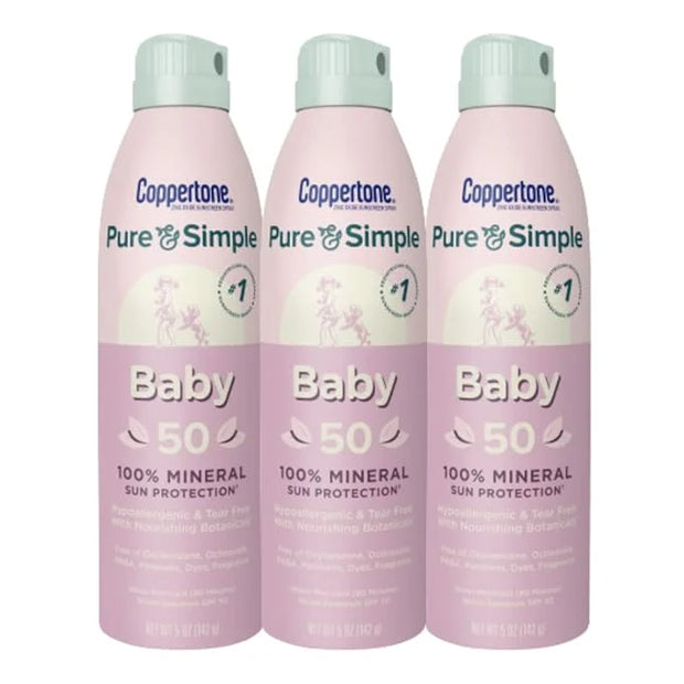 Coppertone Pure and Simple Baby Spray Sunscreen SPF 50, Broad Spectrum Sunscreen for Baby, 5 Oz Bottle, Pack of 3 - Produc...
