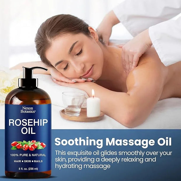 Rosehip Oil for Face 8 fl oz - Rosehip Seed Oil for Gua Sha, Massage, and Skin Care - Aceite de Rosa Mosqueta - Nexon Bota...