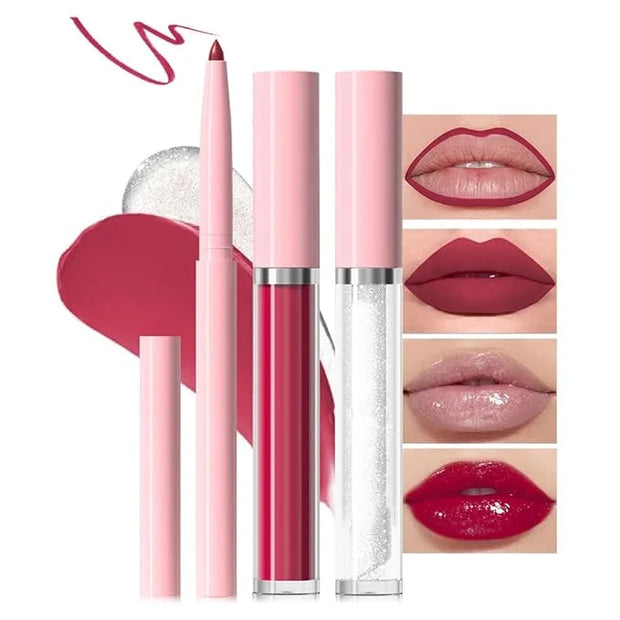3-in-1Grayish Purple Matte Lip Stain Kit | Waterproof Lip Liner + Hydrating Matte Lip Gloss + Nourishing Lip Oil | Long La...