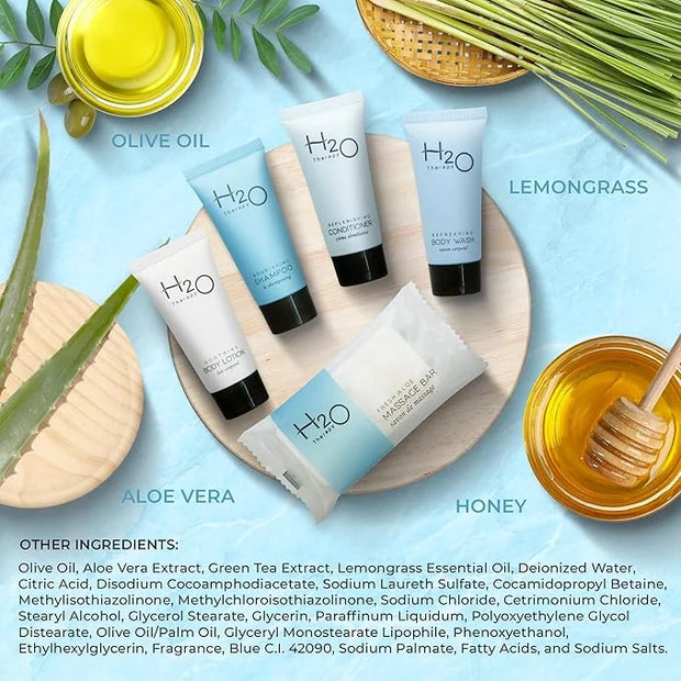 H2O Therapy Hotel Soaps & Toiletries Bulk Set | 1-Shoppe Amenities Kit | 0.85oz Shampoo & Conditioner, Body Wash, Lotion, ...