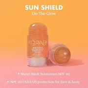 Kopari Sun Shield On-The-Glow Sheer Sunscreen Stick SPF 40, Sweat and Water Resistant Roll On Sunscreen For Face and Body ...