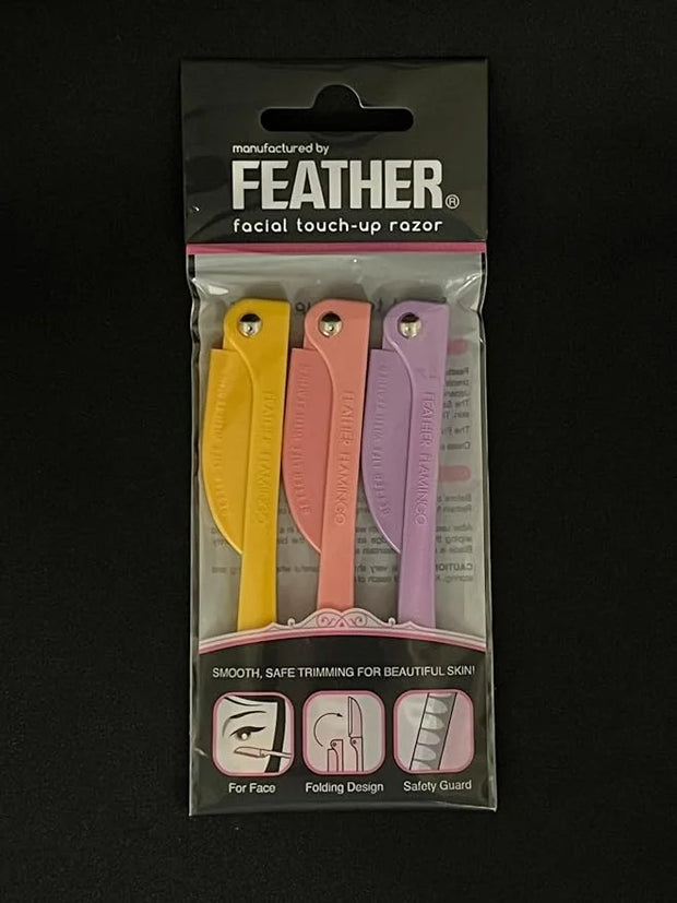 Feather Flamingo Facial Touch Up Stainless Steel Razor for Eyebrow and Face Hair Removal - 3 Pack | Foldable and Long-Last...