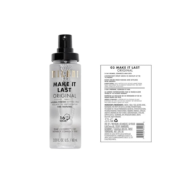 Milani Make It Last Original - Natural Finish Setting Spray 3-in-1 Setting Spray and Primer- Prime + Correct + Set Makeup ...