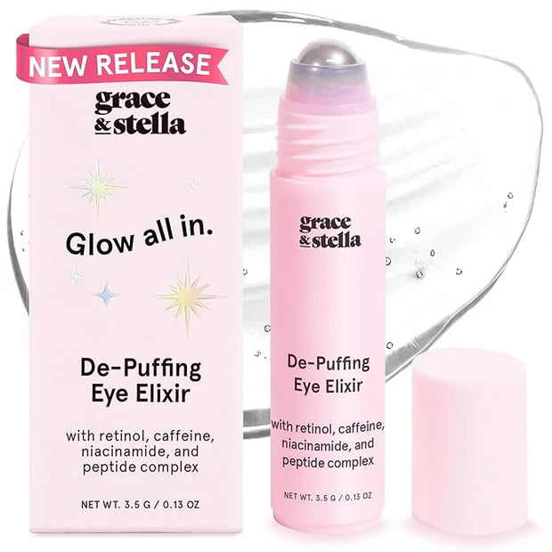 grace & stella Under Eye Brightener Roller - Travel Essentials - Retinol & Caffeine Eye Serum for Puffiness, Dark Circles,...