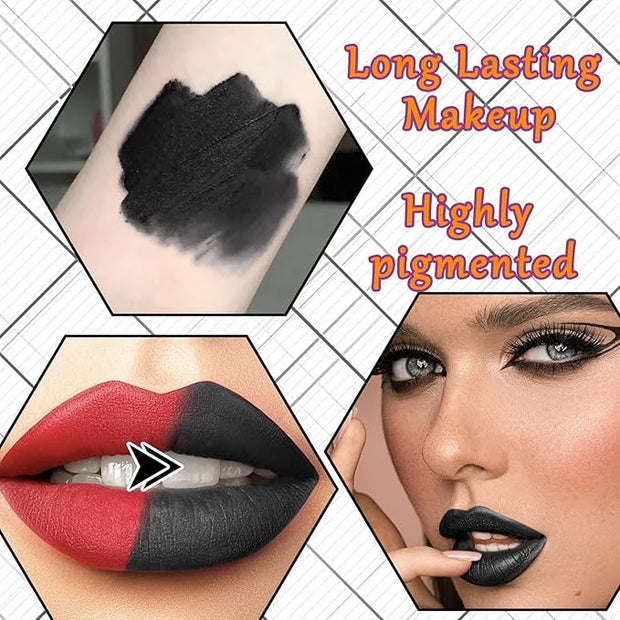 Black Velvet Matte Liquid Lipstick and Lip Liner Set - Smudge-proof, Long-lasting, Waterproof Black Lip Gloss Stain and Li...