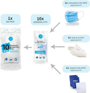All-in-One Personal Protection Kits to GO - 10 Pack - With Plastic Gloves, Hand Cleansing Wipes, Disposable Face Mask - Pr...