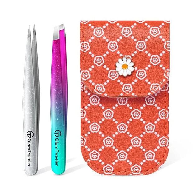 Expert Slant and Point Tip Tweezer Set with Exclusive Travel Case, GlamTweeler Sharp & Precision Tweezer Set for Eyebrows,...