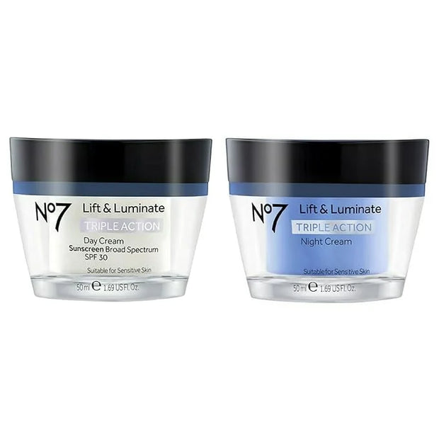 No7 Lift and Luminate Triple Action Face Cream - Day and Night Bundle - 1.69 fl oz Each - Hypoallergenic Day and Night Cre...