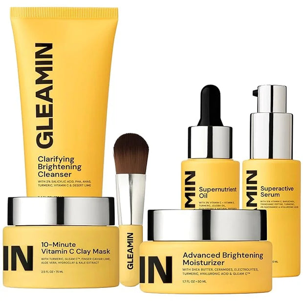 Gleamin Brightening Skincare Bundle – Mask, Serum, Cleanser, Moisturizer & Oil for Dark Spots, Uneven Tone, and Glowing Sk...