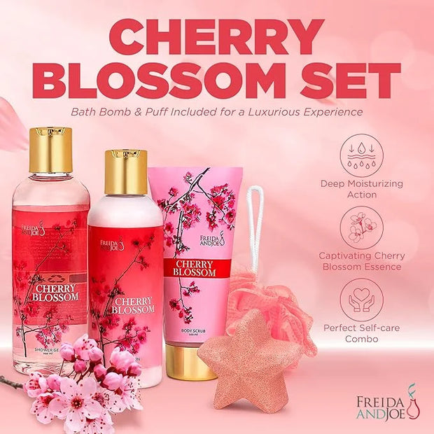 Bath and Body Gift Basket For Women – 5 Piece Set of Cherry Blossom Bath & Body Collection Gift Box, Includes Shower Gel, ...