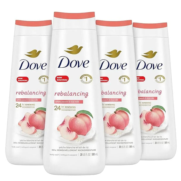 Dove Body Wash Rebalancing White Peach & Rice Milk, 4 Count for Renewed, Healthy Looking Skin, Moisturizing Gentle Skin Cl...