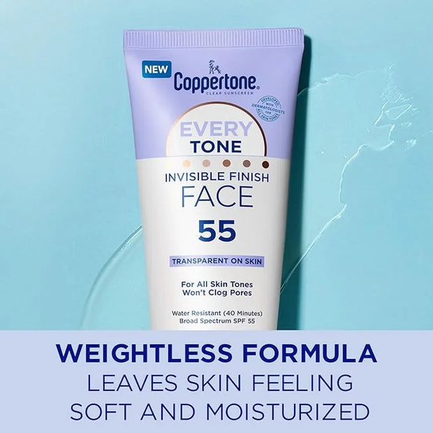 Coppertone Every Tone Invisible Finish Face Sunscreen Lotion SPF 55, Lightweight, Blends in Clear Sunscreen for All Skin T...