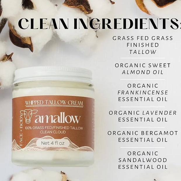 100% Grass Fed Beef Tallow for Skin Care - Face + Body - Whipped Moisturizer - Natural Lotion, 4 FL. oz. (Clean Cloud) - P...