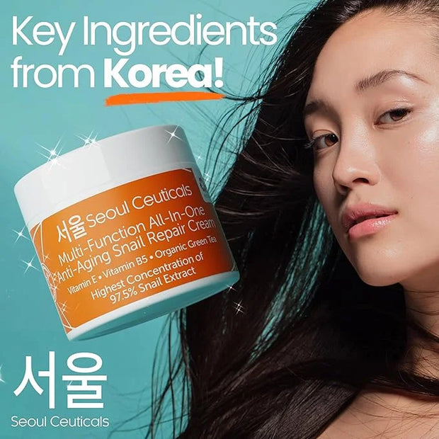 SeoulCeuticals Korean Skin Care 97.5% Snail Mucin Moisturizer Cream - K Beauty Skincare Day & Night Snail Repair Cream Fil...