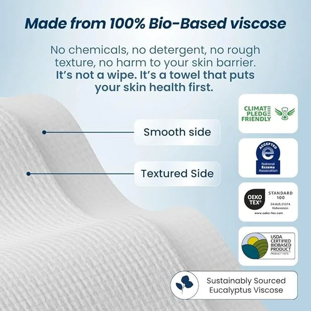 Clean Skin Club Clean Towels XL™, 100% USDA Biobased Face Towel, Disposable Face Towelette, Eczema Association Accepted, M...