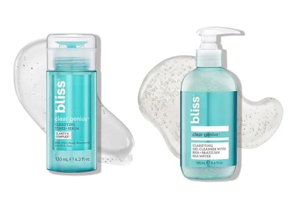 Bliss Daily Acne Routine Kit, 2pc Set- Clear Genius Toner + Serum, and Cleanser - Cleanse and Tone for Acne- Clean, Vegan,...