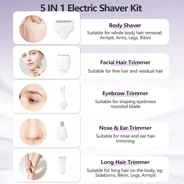 Electric Razors Shavers for Women, Bikini Trimmer 5 in 1 Lady Electric Shaver Razor Wet/Dry Face Razors for Face Nose Eyeb...