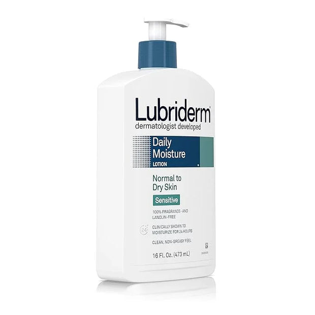 Lubriderm Daily Moisture Body Lotion for Sensitive, Dry Skin, Enriched with Vitamin B5, Dye and Lanolin Free, Unscented an...
