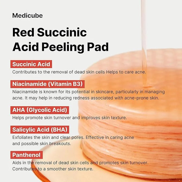 Medicube Red Succinic Acid Panthenol Facial Peeling Pads - Exfoliating Toner Pads for Breakout-Prone Skin with Niacinamide...