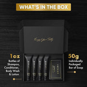 Infuse Black Amenity Kit | Hotel Bulk Toiletries | 1 oz Shampoo, Conditioner, Lotion, Body Wash, Cleansing Bar Soap for Gu...