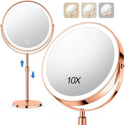 10X Large Lighted Makeup Mirror, Rechargeable 8" Height Adjustable Vanity Mirror, 1x/10x Magnifying Mirror with 3 Color, B...