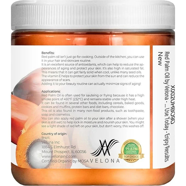velona USDA Certified Organic Red Palm Oil 8 Fl Oz | Food and Cosmetic Grade | in jar | Extra Virgin, Cold Pressed | Skin,...