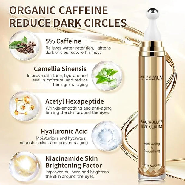 Caffeine Eye Serum, Hyaluronic Acid Under Eye Cream for Dark Circles and Puffiness, Anti Aging with 360° Massage Ball Redu...