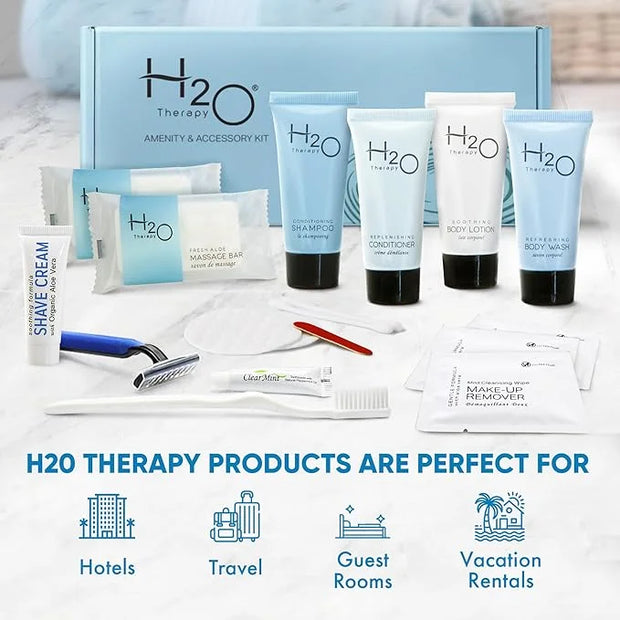 H2O Therapy Amenity & Accessory Kit | 0.85 oz Travel Size Shampoo, Conditioner, Lotion, Body Wash, Massage Bar, Cleansing ...
