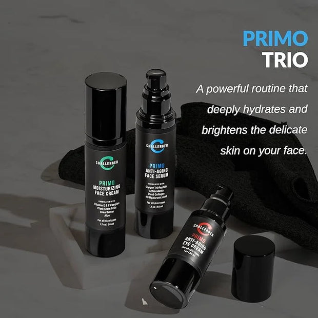 Challenger Men's Primo Anti-Aging Trio - Face Serum, Moisturizer, & Eye Cream - Plant Stem Cells, Matrixyl 300, Vitamin C,...