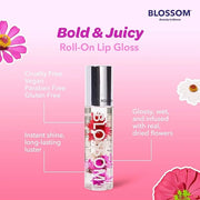 Blossom Roll on Lip Gloss, Scented Clear High Shine Moisturizing Lip Oil, Non Sticky, Infused with Real Flowers, Made in U...