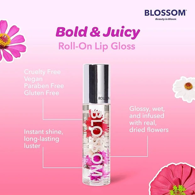 Blossom Roll on Lip Gloss, Scented Clear High Shine Moisturizing Lip Oil, Non Sticky, Infused with Real Flowers, Made in U...