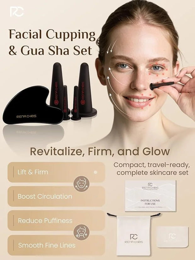 Rena Chris Facial Cupping Set & Gua Sha Facial Tool - Silicone Cupping Set & Obsidian Gua Sha Stone - Face Cupping Therapy...