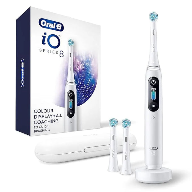 Oral-B iO Series 8 Electric Toothbrush with 2 Replacement Brush Heads and Travel Case, Rechargeable Toothbrush, Whitealaba...