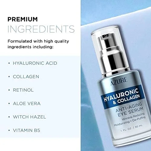 AZURE Hyaluronic & Collagen Anti Aging Eye Serum - Moisturizing, Replenishing & De-Puffing | Reduces Wrinkles, Fine Lines ...