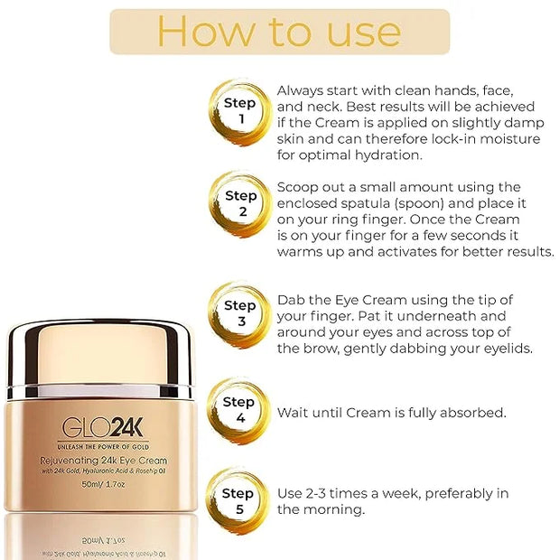 GLO24K Rejuvenating 24k Eye Cream and Serum With 24k Gold, Hyaluronic Acid, Vitamins A,C,E - Product Image