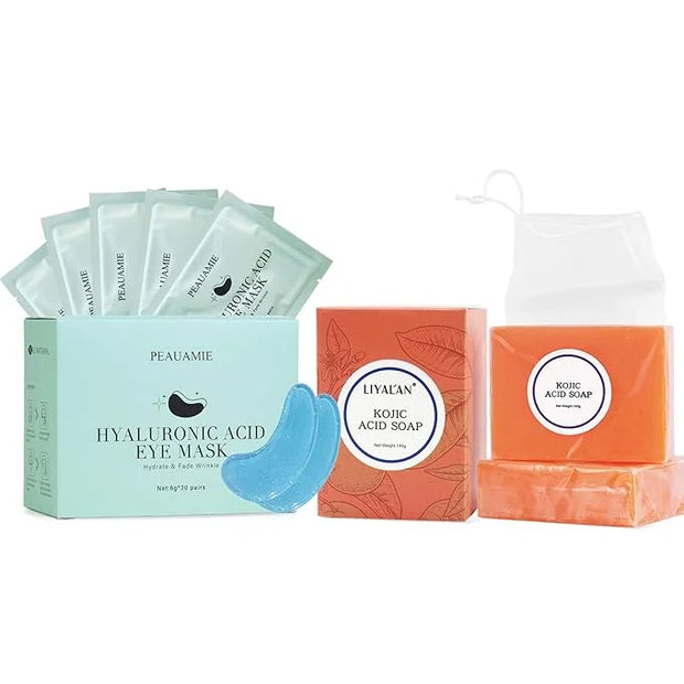 Hyaluronic Acid Eye Mask for Dark Circles and Eye Bags & Kojic Acid Soap Moisturizing Deep Cleansing for Face and Body - P...