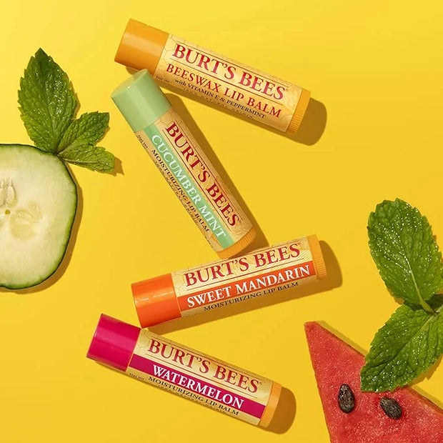 Burt's Bees Lip Balm - Original Beeswax, Cucumber Mint, Watermelon & Sweet Mandarin, With Responsibly Sourced Beeswax, Tin...