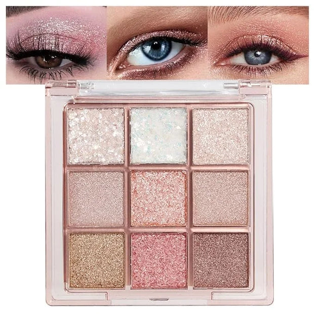 Pink Nude Glitter Shimmer Sparkle Eyeshadow,9 Colors Light Glitter Eye Shadow,Long Lasting Waterproof Natural Eyeshadow Pa...