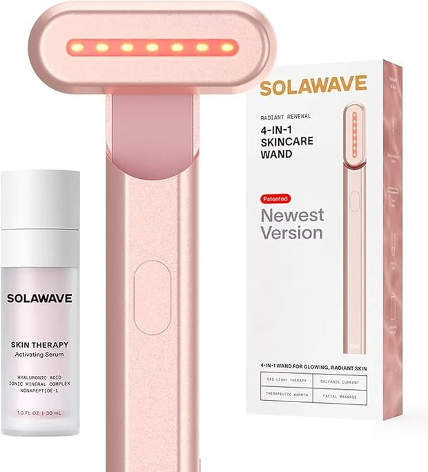 Solawave Skincare Wand & Serum – 4-in-1 Galvanic Current, Face Massager, & Red Light Therapy Wand – 1 Oz Activating Serum ...