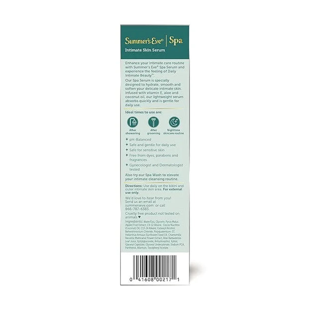 Summer's Eve Spa Daily Intimate Beauty, Luxurious Skin Serum, Post Shave Fragrance Free Women’s Hydrating Serum, 1oz Tube ...