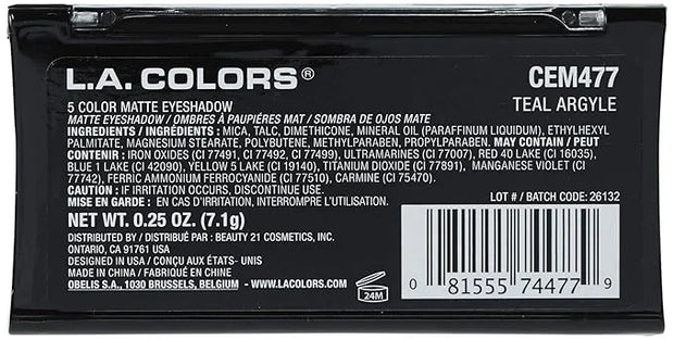 L.A. COLORS 5 Color Matte Eyeshadow Palette, Teal Argyle CEM477 - Product Image