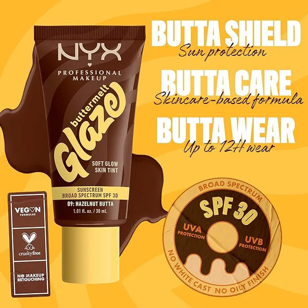 NYX PROFESSIONAL MAKEUP Buttermelt Glaze Soft Glow Skin Tint + SPF 30, Up To 12HR Wear, 09 Hazelnut Butta - Product Image