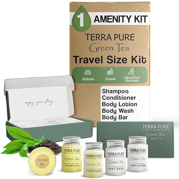 Terra Pure Green Tea Amenity Kit | Boxed Hotel Bulk Toiletries | 1 oz Shampoo, Conditioner, Lotion, Body Wash, Body Bar So...