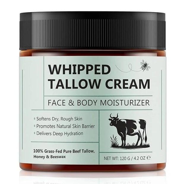 Beef Tallow for Skin, Beef Tallow Moisturizer, 4.2 oz Organic Whipped Grass Fed Beef Tallow with Honey Cream for Face & Bo...
