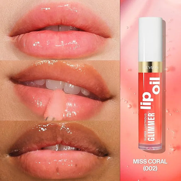 REVLON Super Lustrous Glimmer Lip Oil, Moisturizing & Tinted, Shiny Finish, Made with Plant-Based Squalane, 002 Miss Coral...