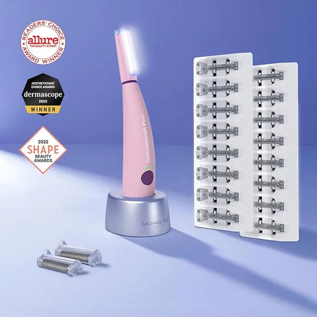 Michael Todd Beauty Sonicsmooth Pro+ Dermaplane Razor for Women Face + Eyebrow trimmer Dermaplaning System w/LED Light Pea...